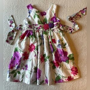 Fancy Floral Dress. 5T. White w pink purple floral print, full skirt, back tie